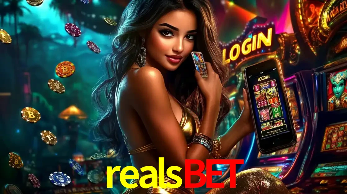 Mulher em um cenário de cassino temático de aventura, mostrando o app de caça-níqueis da realsbet no celular. Fichas de apostas flutuam ao redor.