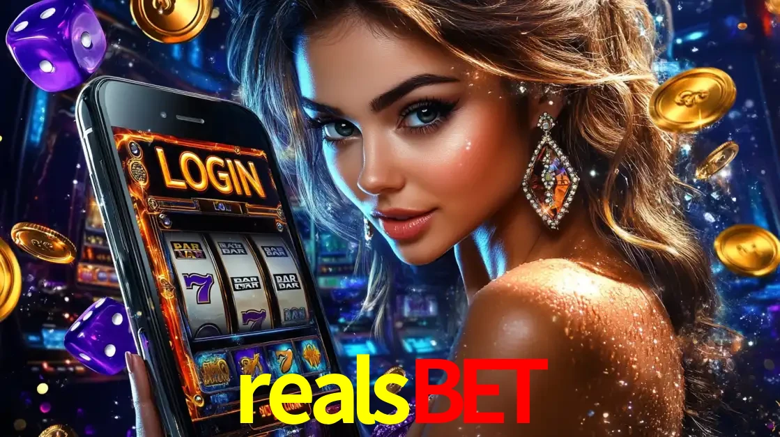 Mulher glamorosa segurando um smartphone com a tela de login para os jogos de caça-níqueis do cassino online realsbet, com moedas de ouro e dados ao redor.