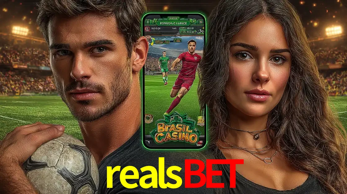 Homem segurando uma bola de futebol e uma mulher ao lado de um smartphone exibindo o jogo de apostas esportivas da realsbet. Faça seu palpite no cassino online.